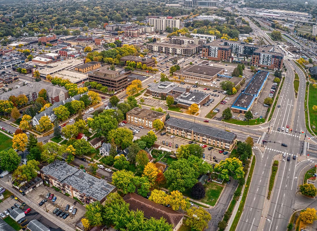 Hopkins, MN - Aerial View of the Twin Cities Suburb of Hopkins, Minnesota on a Sunny Day